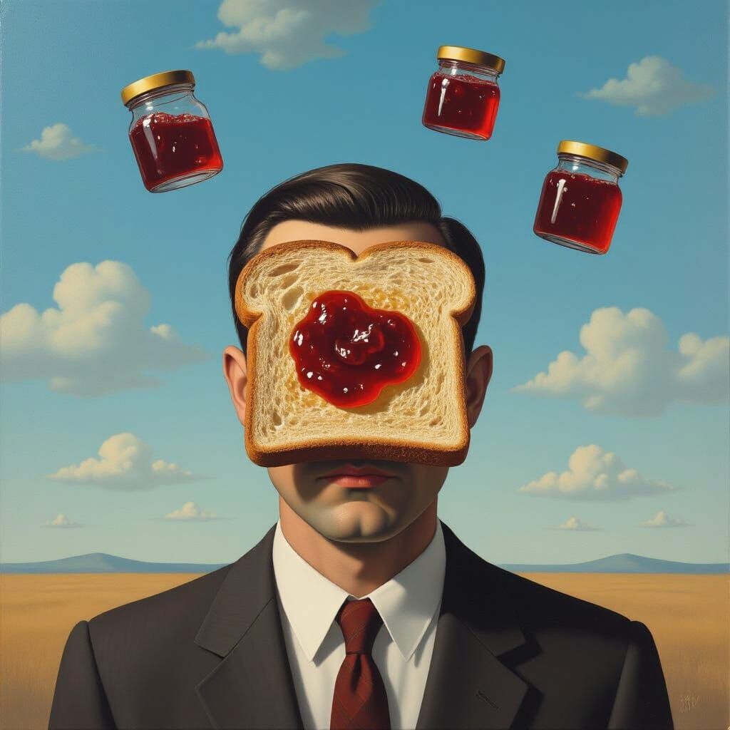 Surrealist Oil Painting of Man With Toast in Sky