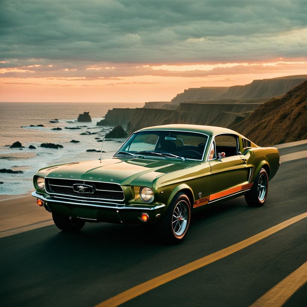 1967 Mustang on Coastal Highway at Sunset