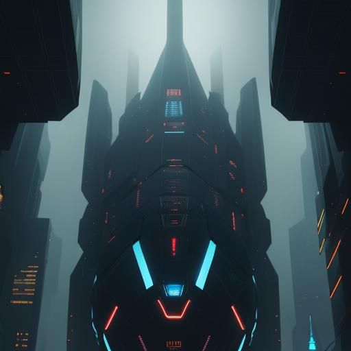 Futuristic Spaceship Over Foggy Cityscape in Sci-Fi Style