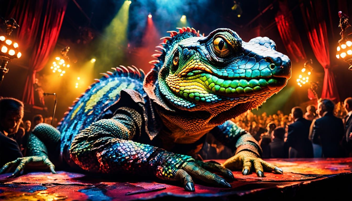 Reptile Stage Performance in Surrealist Oil Painting