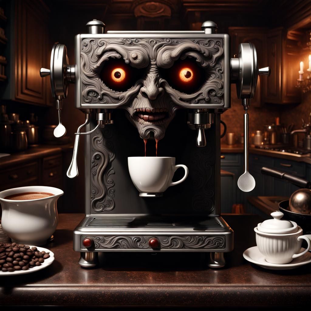 Demonic Espresso Machine in Horror Style