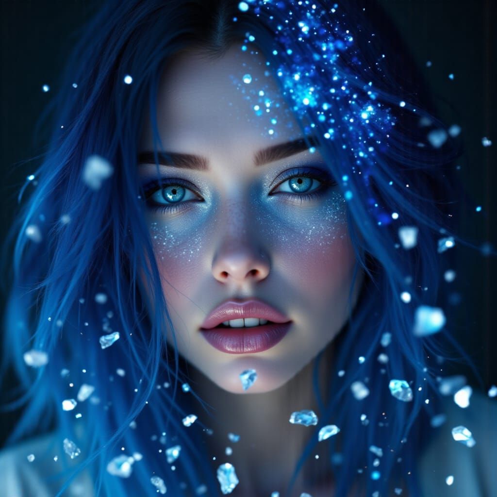 Portrait of a Woman with Blue Hair and Crystals