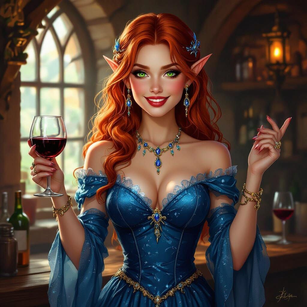 Sassy Red-Haired Elf in Blue Dress with Sapphire Jewelry