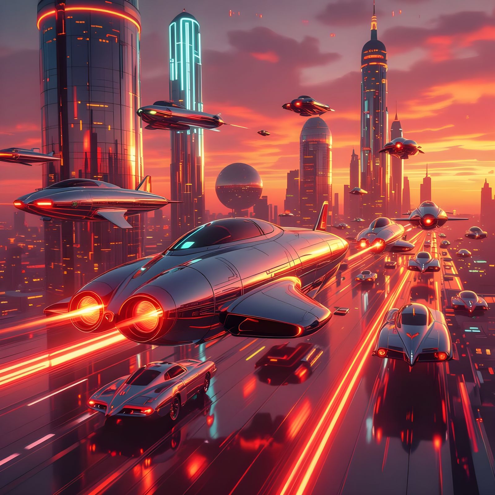 Retrofuturistic Cityscape with Flying Chrome Rockets