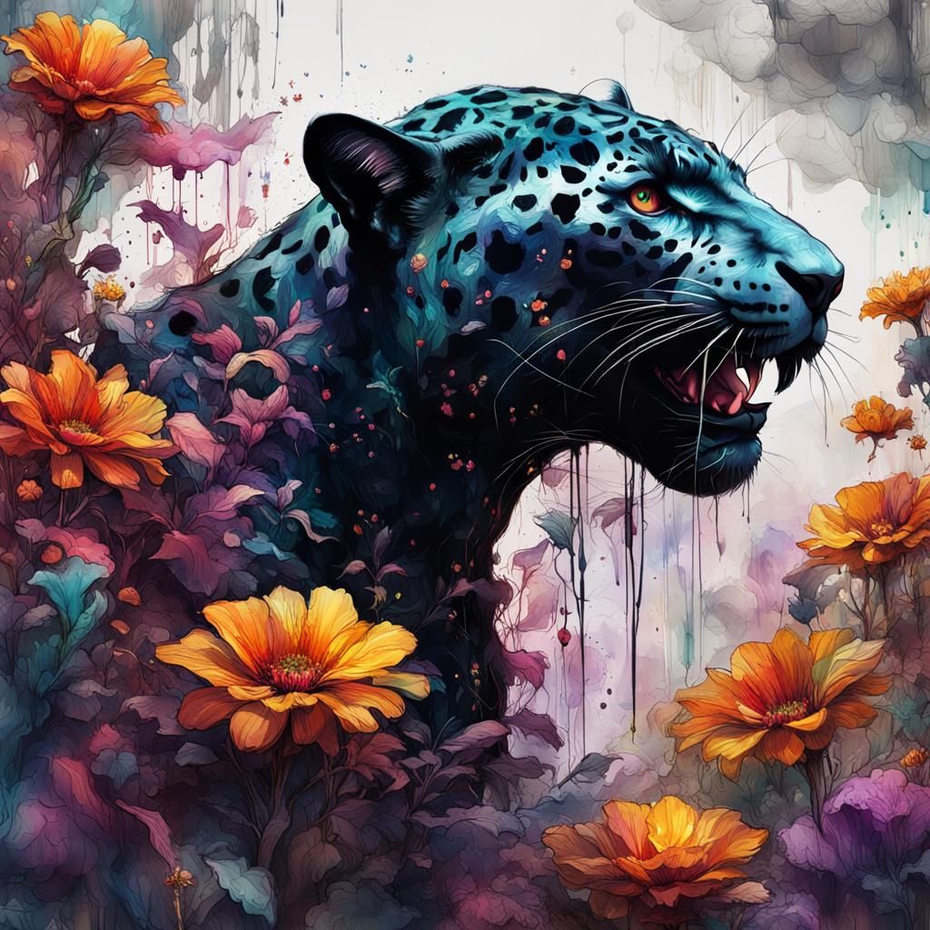Black Jaguar Among Colorful Flowers, Detailed Matte Painting