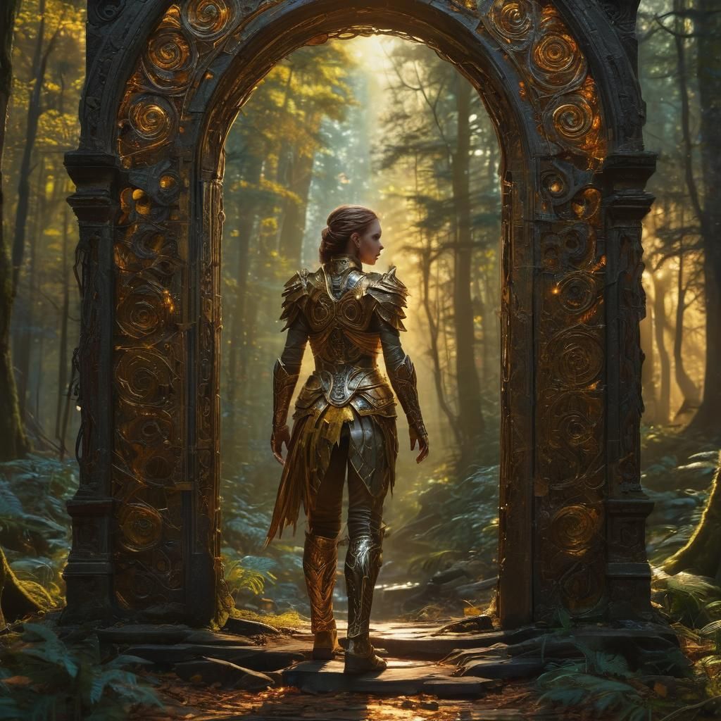 Armored Figure Enters Mystical Portal in Oil Painting
