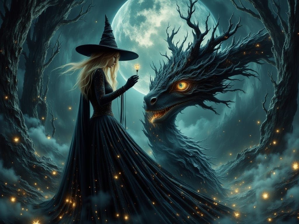 Enchantress and Dragon Under Moonlight