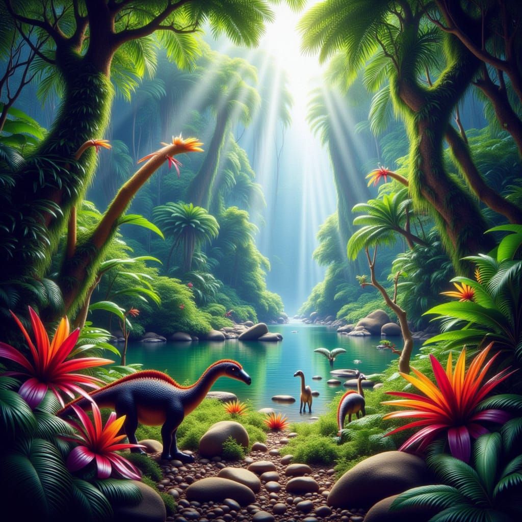 Vibrant Jurassic Jungle with Dinosaurs and Exotic Flora