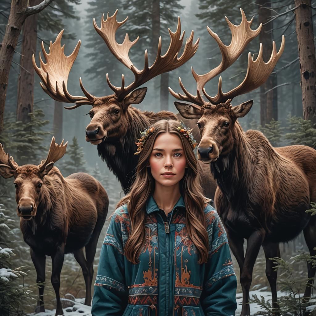 Mystical Moose and Forest Woman