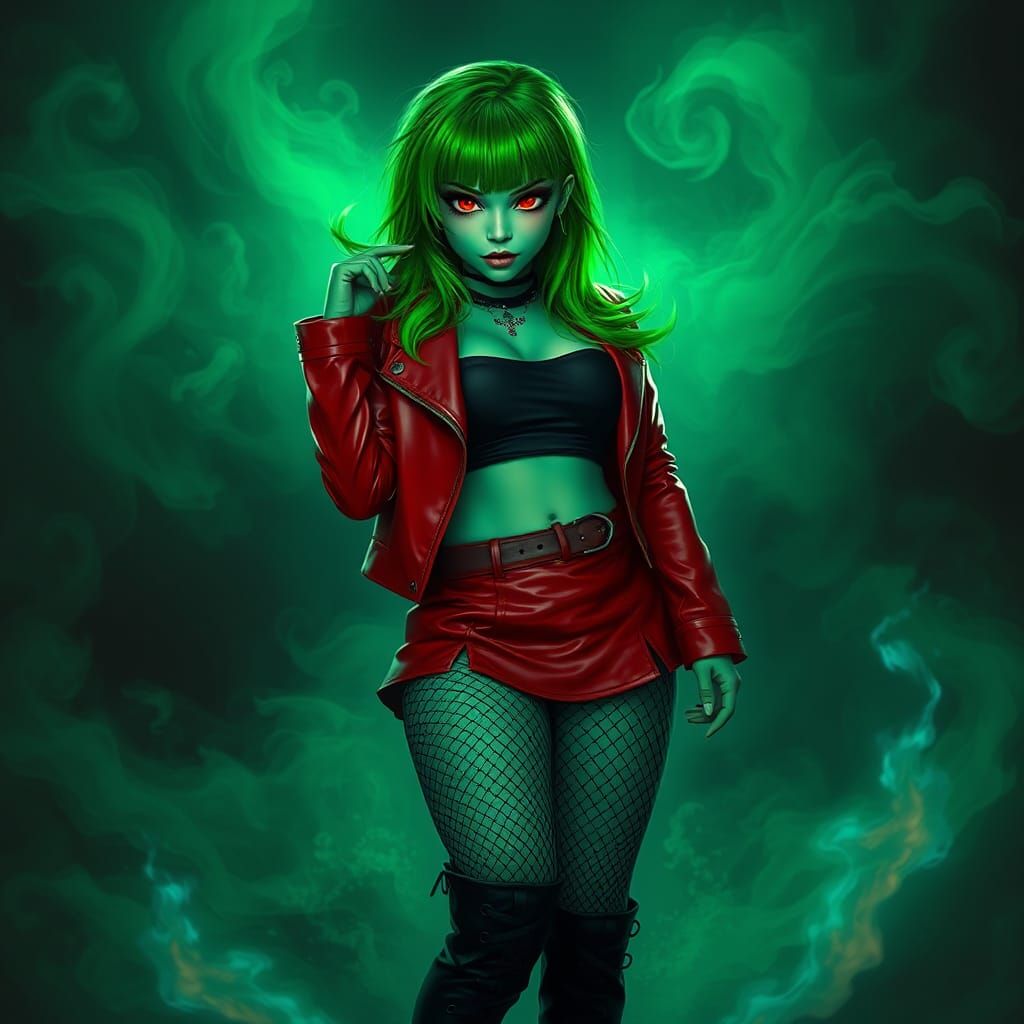 Green-Skinned Punk Girl in Ethereal Flames, Photorealistic S...