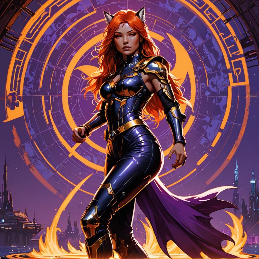 Cyberpunk Fox Sorceress on Floating Island