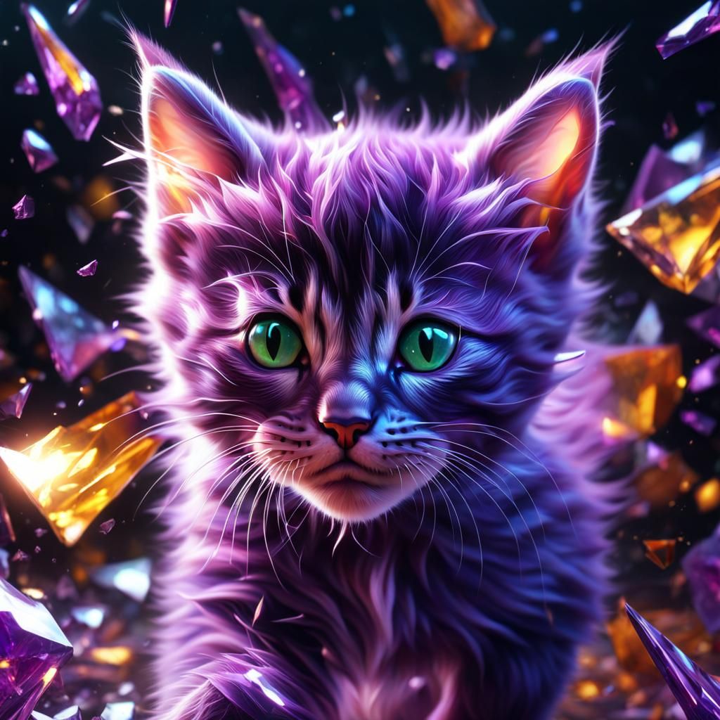 Glowing Purple Kitten Shattered Glass: Hyperrealistic Art