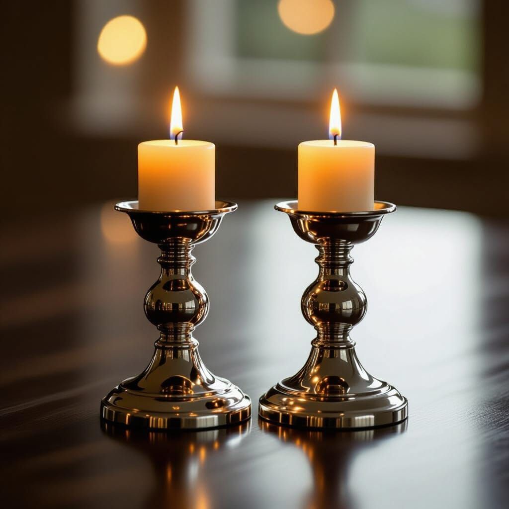 Warm Golden Light from Silver Candlesticks