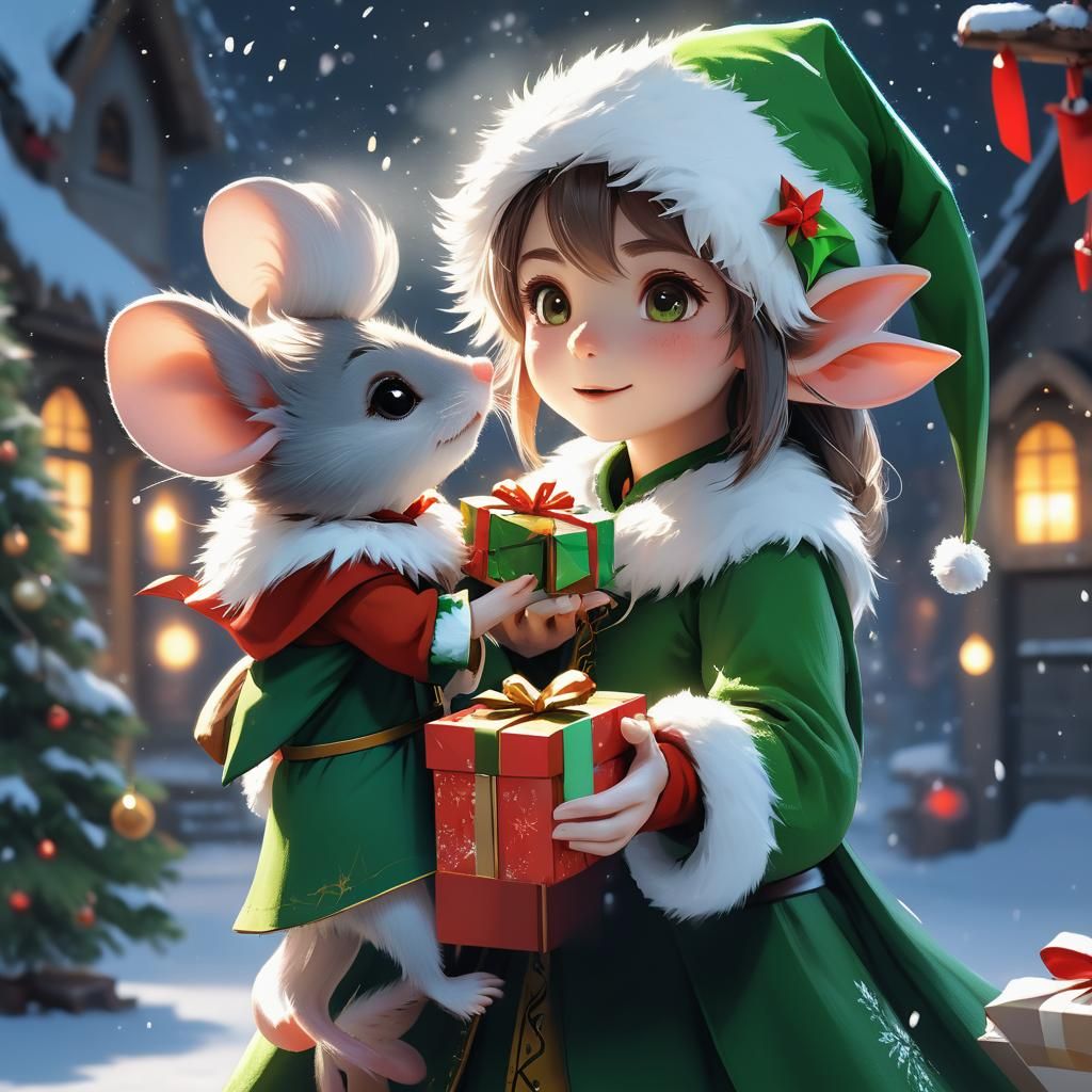 Anime Elf Mouse with Christmas Gift in 3D