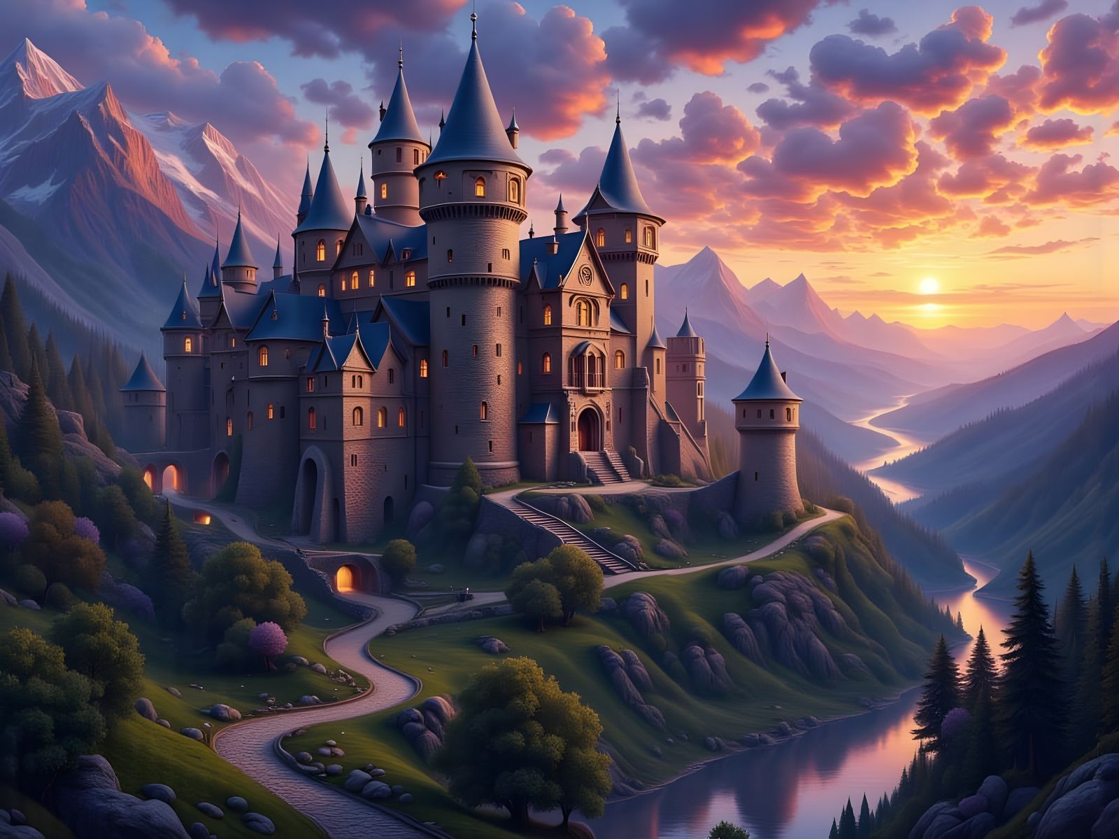 Medieval Castle at Dusk in Brutalist Style