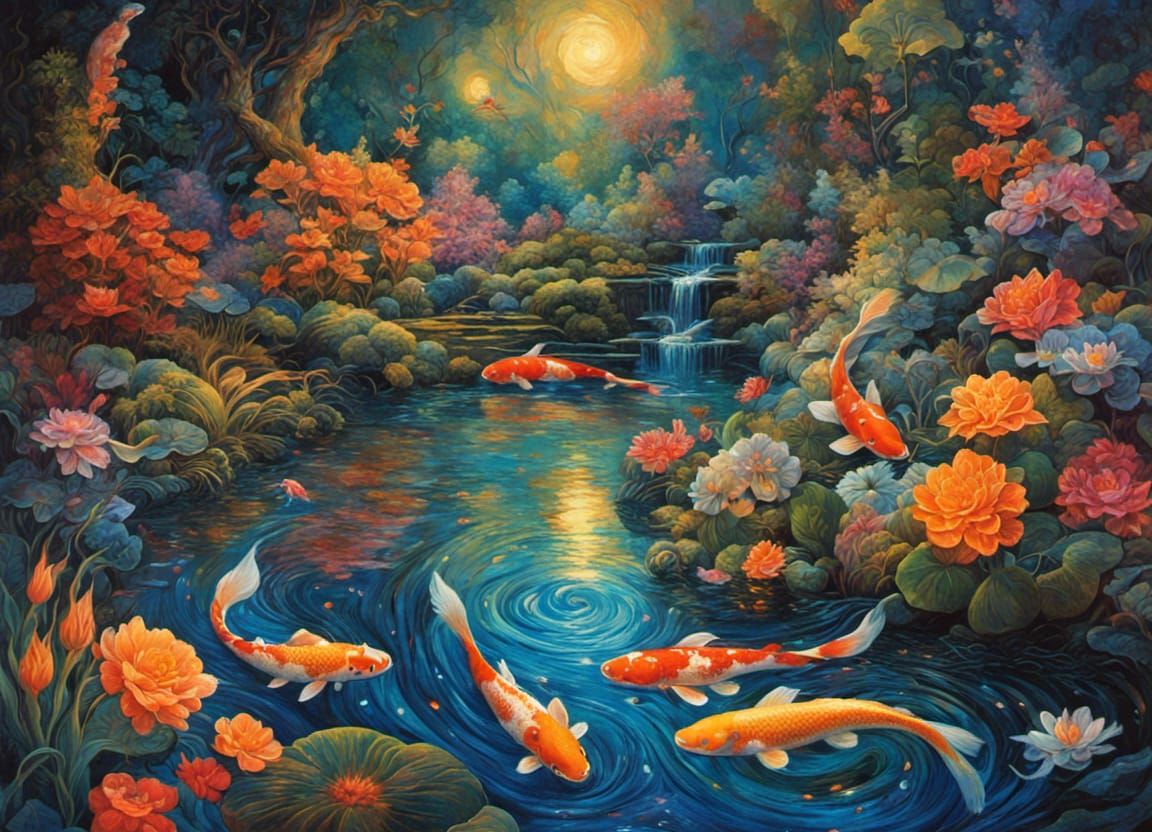 Nighttime Koi Pond in Maximalist Fairytale Style