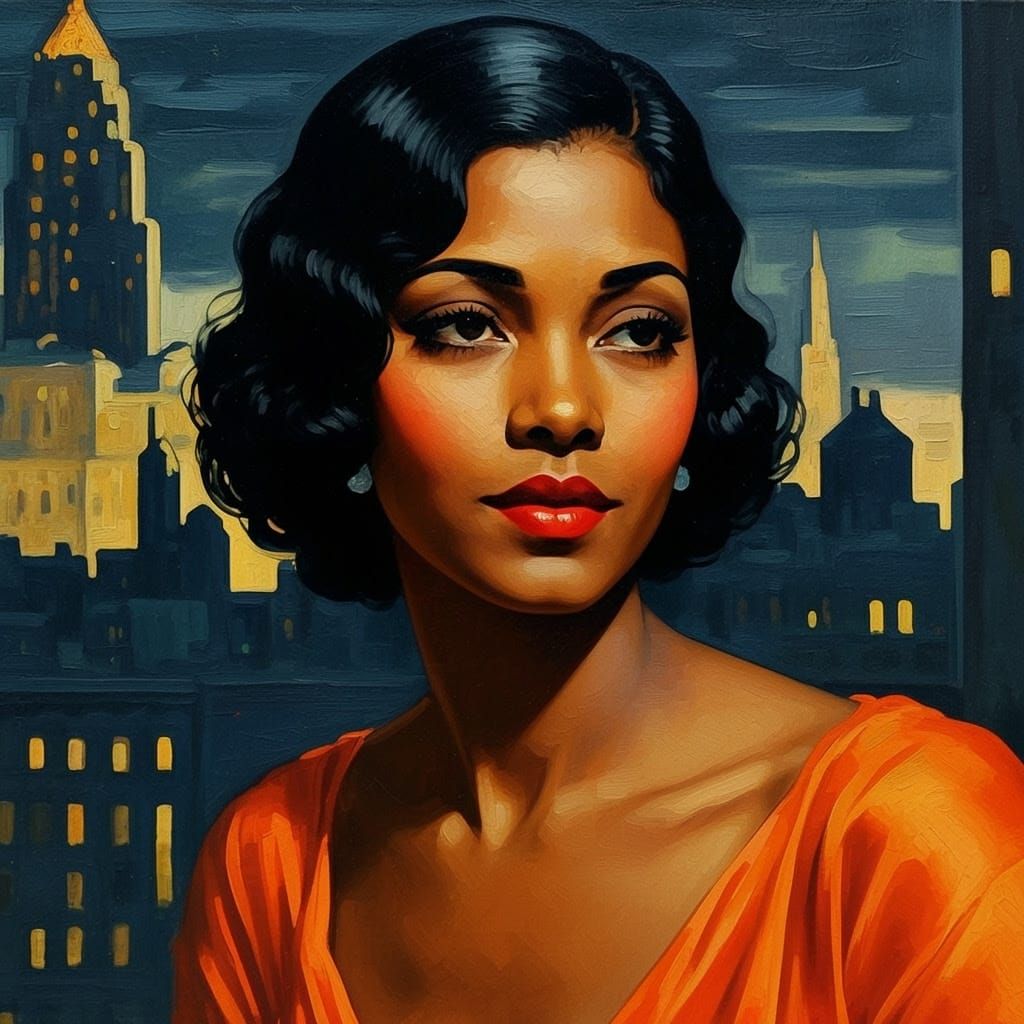 Elegant Woman in Film Noir Portrait, Post-Impressionistic St...