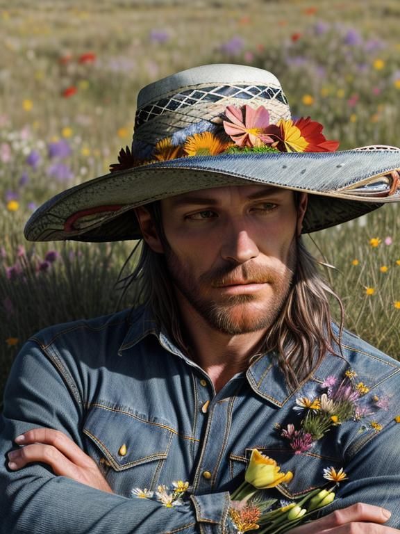 Cowboy's Prairie Nap with Floral Hat, Wyeth Style