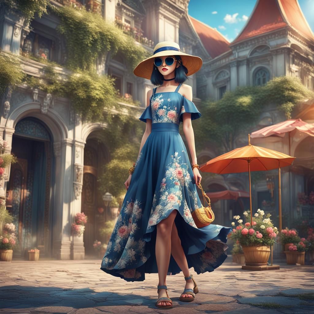Elegant Anime Woman in Summer Outfit, Detailed Art