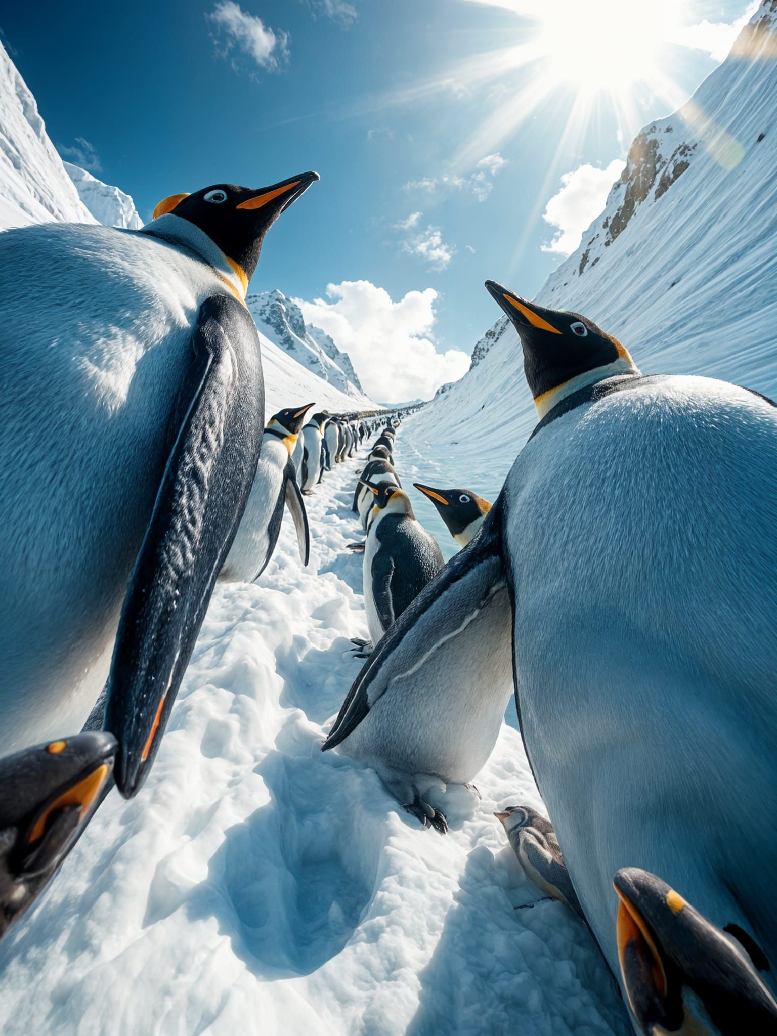 Penguins Sliding Down Mountain into Ocean in Dynamic 4D