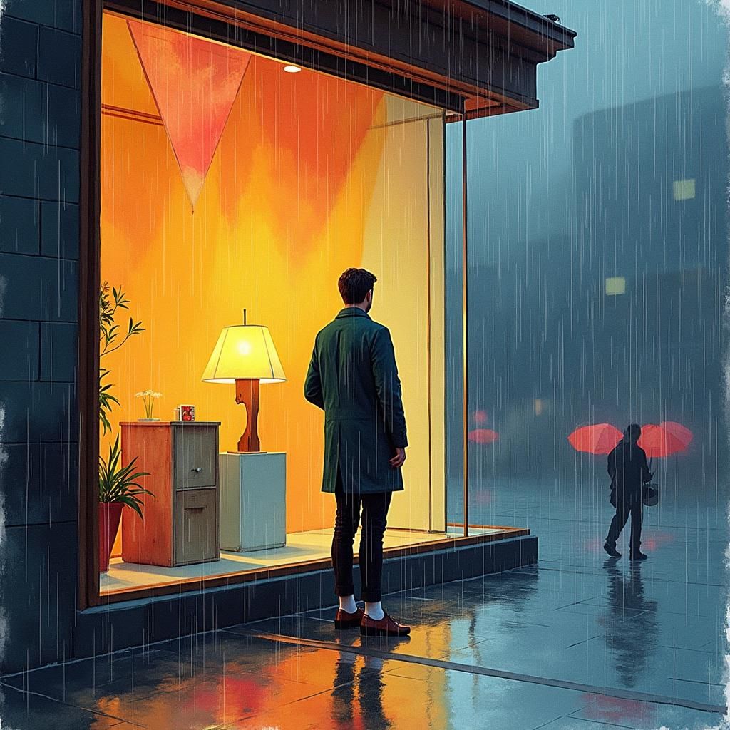 Rainy Day Cubist Art Deco Watercolor Painting