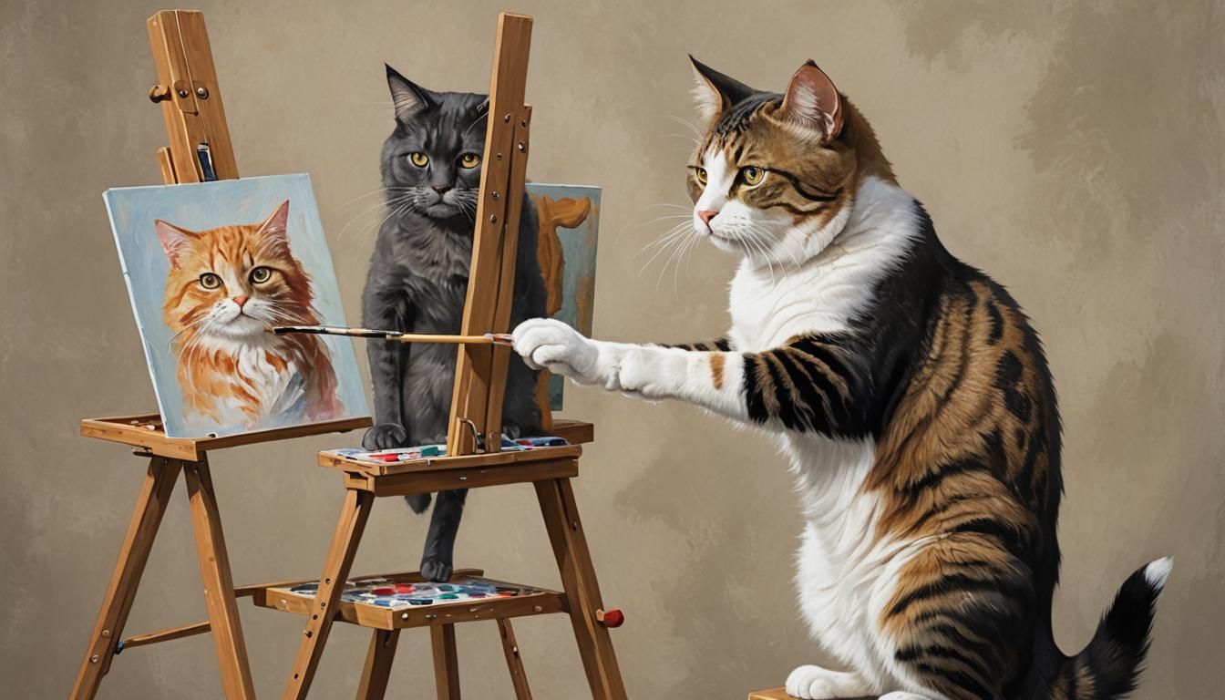 Anthropomorphic Cat Artist Painting at Easel
