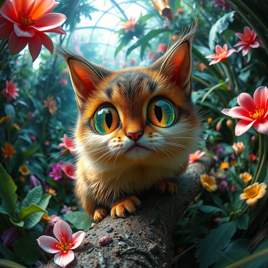 Whimsical Fuzzy Cat Caterpillar in Lush Botanical Garden