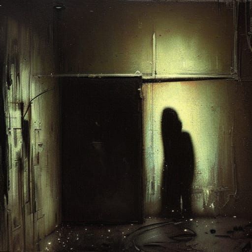 Creepy Shadow Figure in Basement: Oil Painting