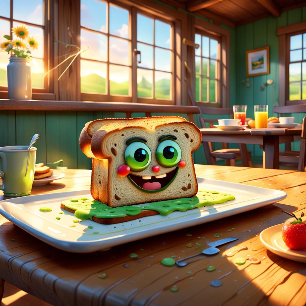 Happy Toast Walks on Farmhouse Table: Pixar Style