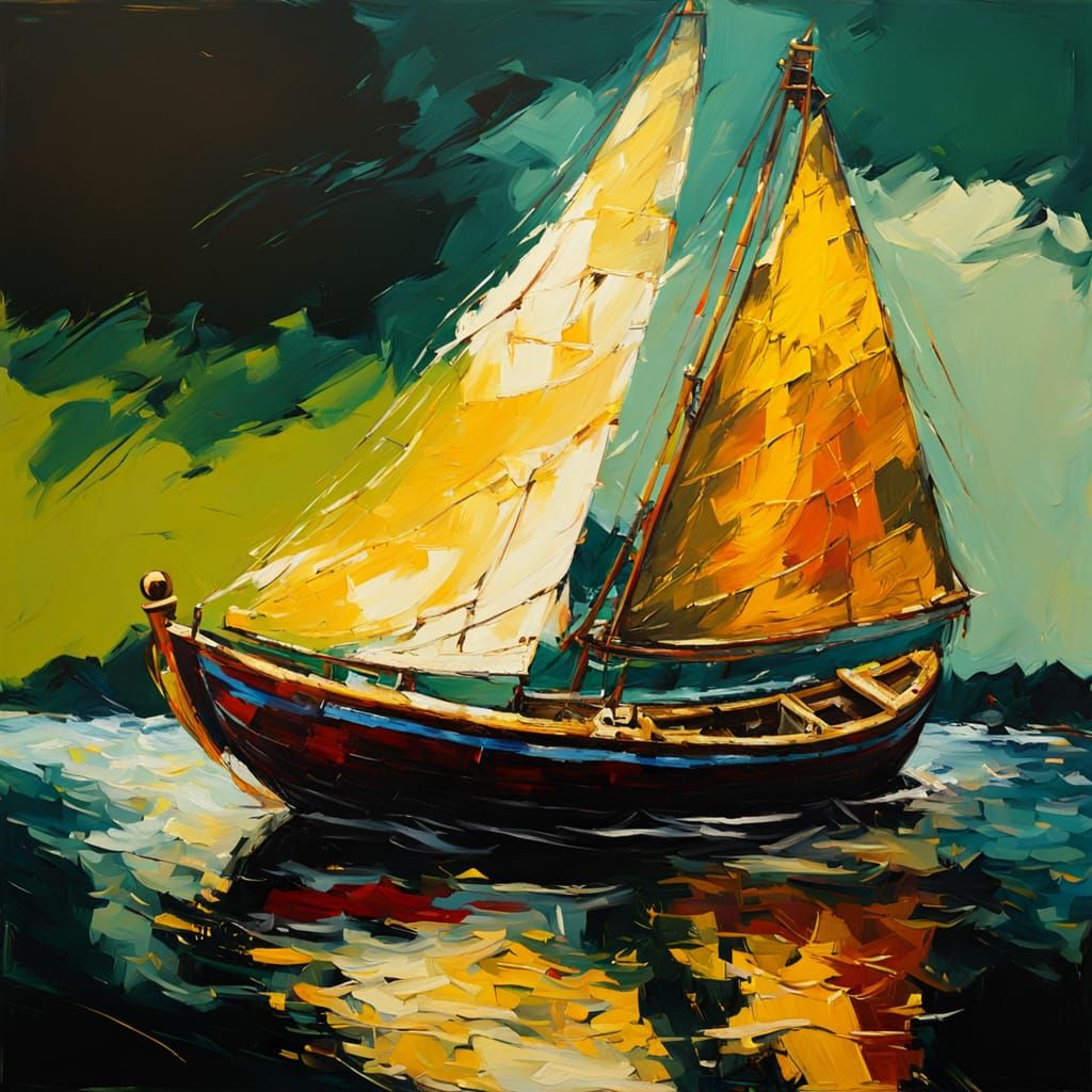 Expressionist Oil Painting of a Boat in Golden Light