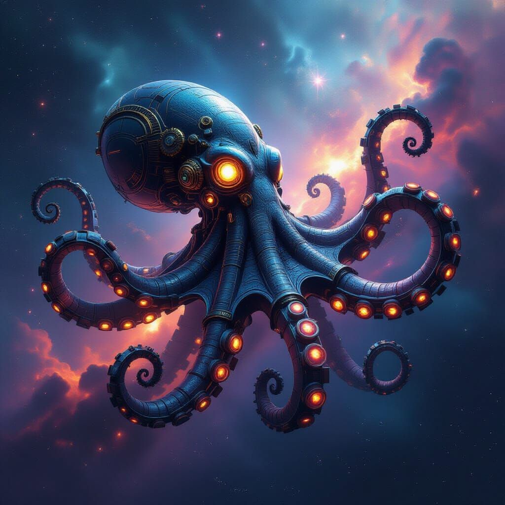 Ancient Robotic Octopus Drifts Through Star-Dusted Nebulae
