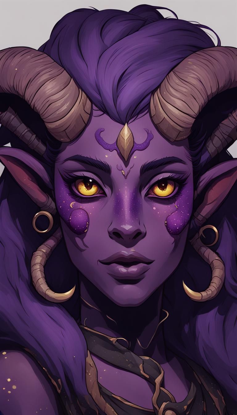 Festive Tiefling with Purple Skin and Silver Jewelry
