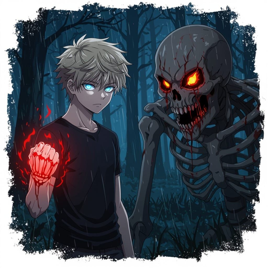Anime Warrior Battles Bone Demon in Dark Forest