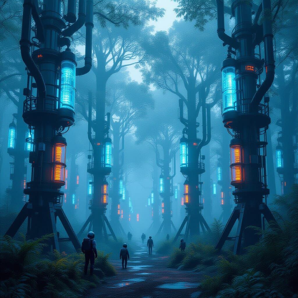 Mechanical Forest with Luminescent Sap and Robotic Creatures