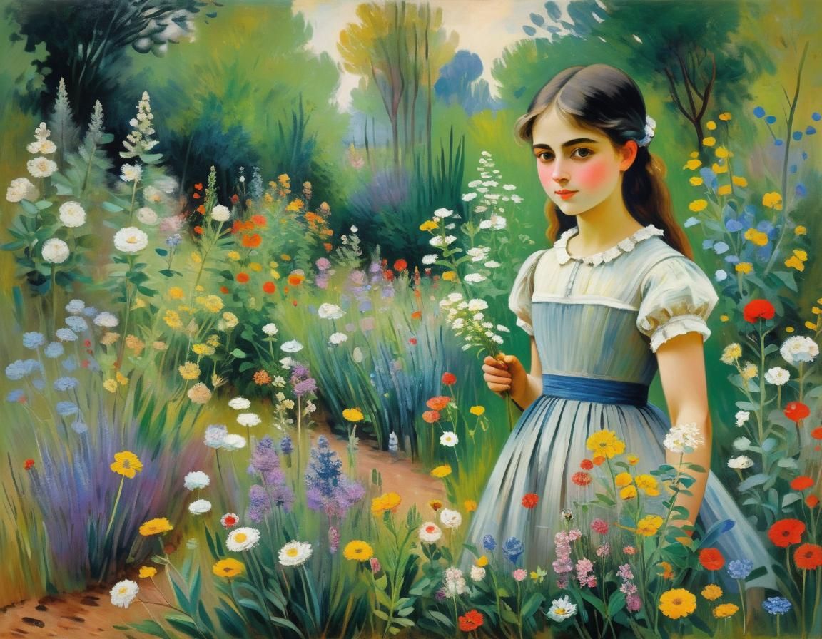 Girl with Wildflowers: Impressionistic Garden Scene