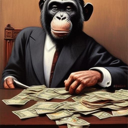 Chimpanzee Banker Counting Money in Oil Painting Style