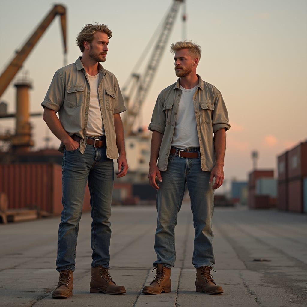 Realistic Portrait of Two Laborers on a Weathered Dockyard