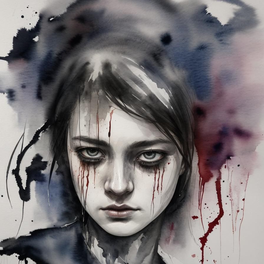 Dark Moody Watercolor Portrait of Woman