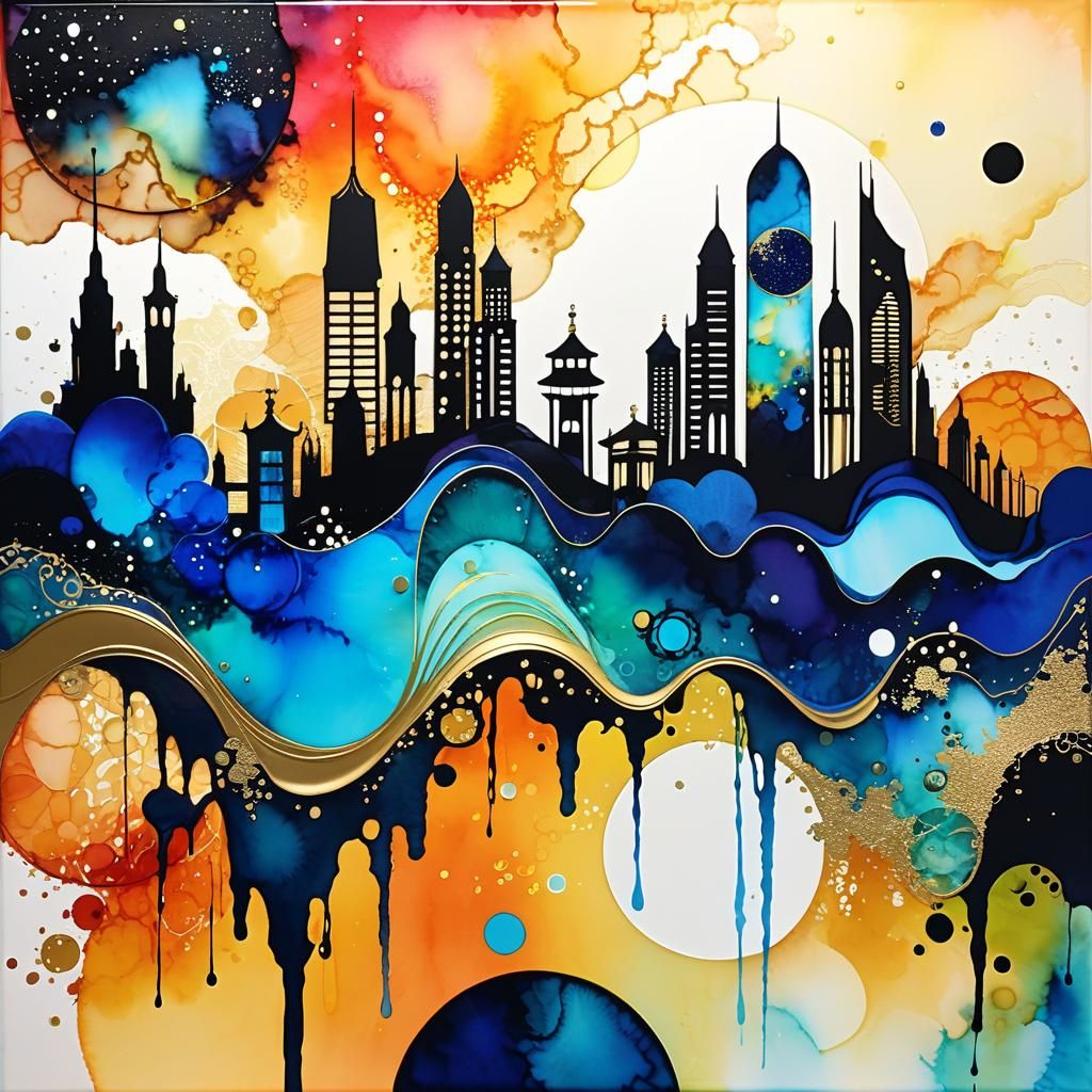 Vibrant Space City in Alcohol Ink Style