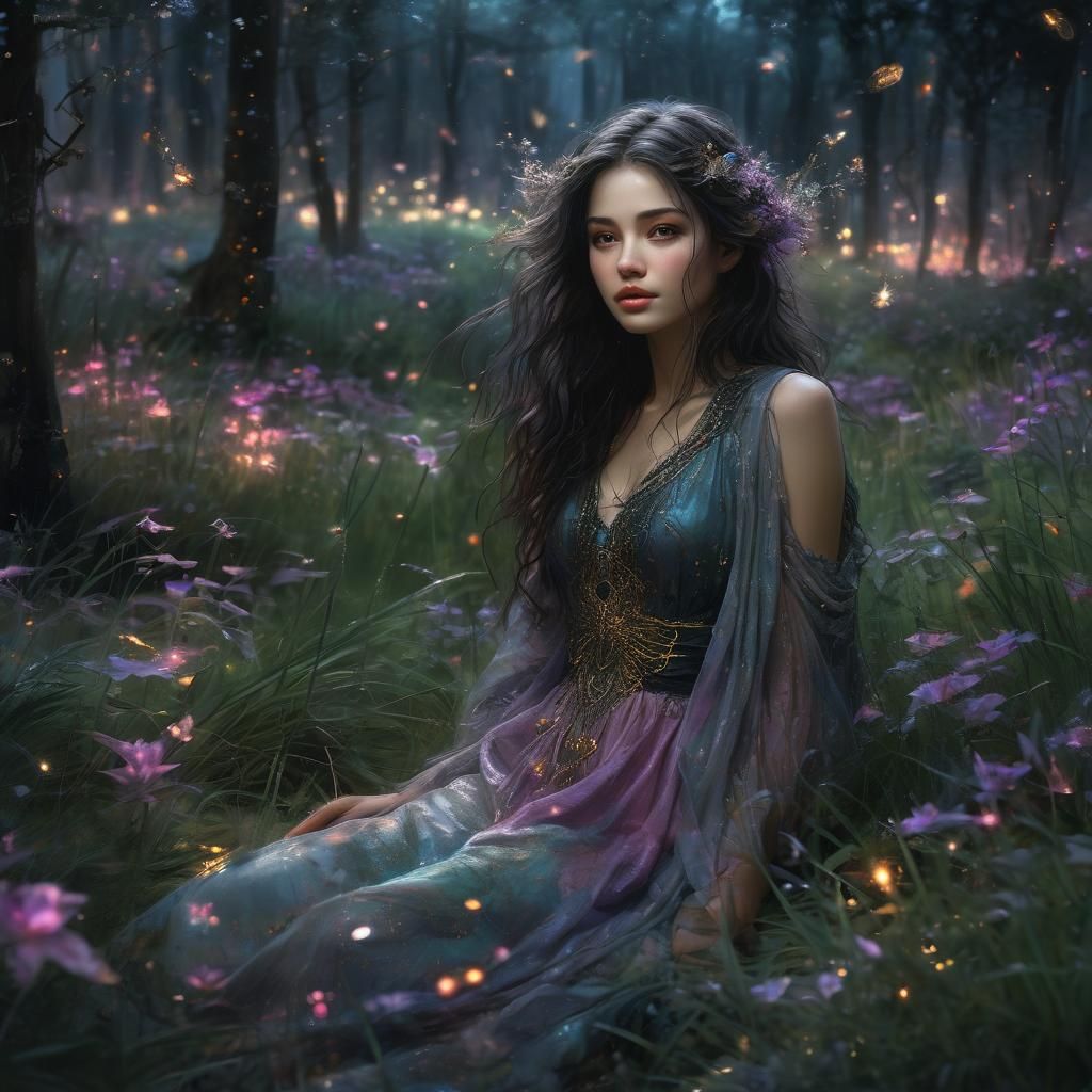 Dreamy Girl with Fireflies in Sumi-e Style