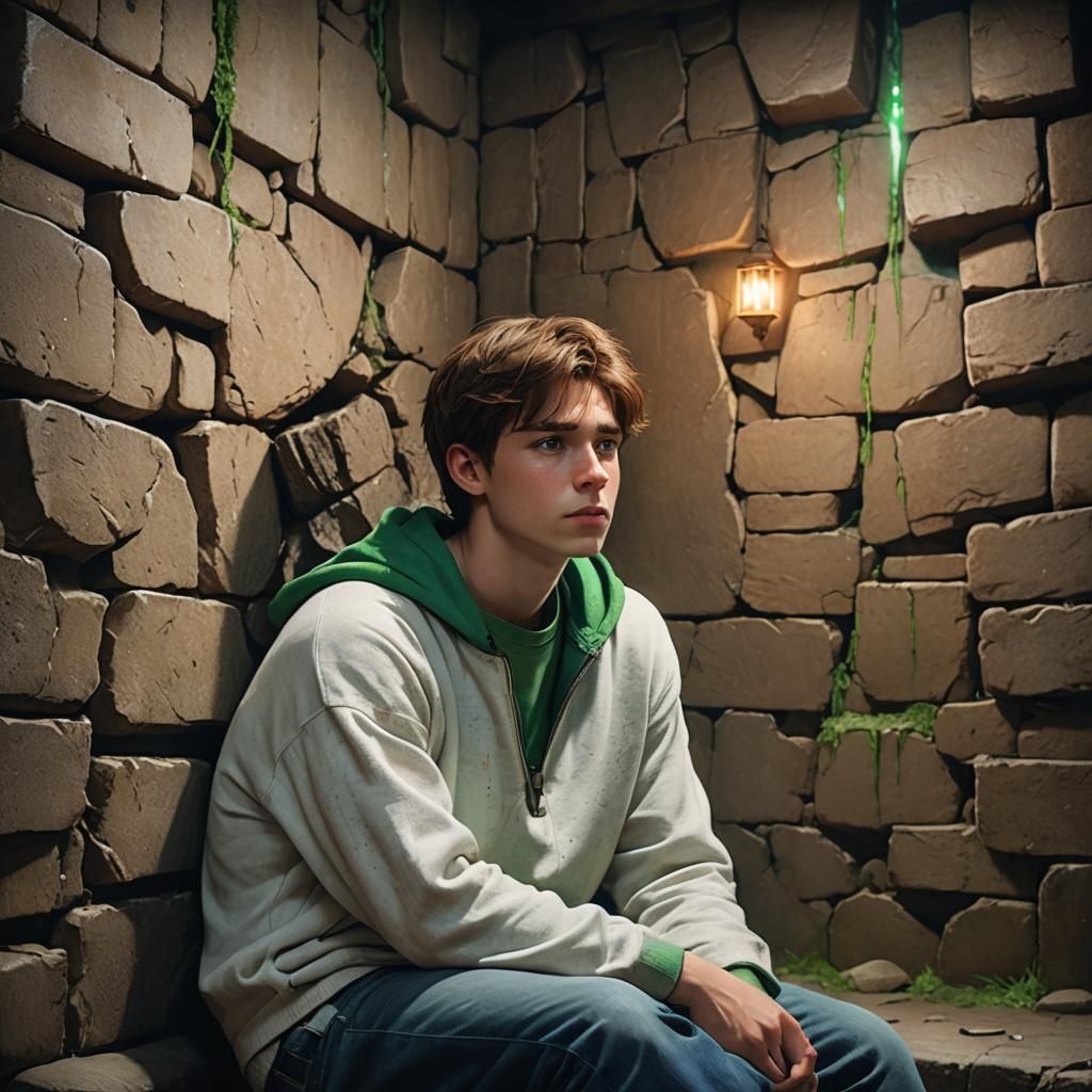 Boy in Dungeon with Fantasy Lighting, French Comic Style