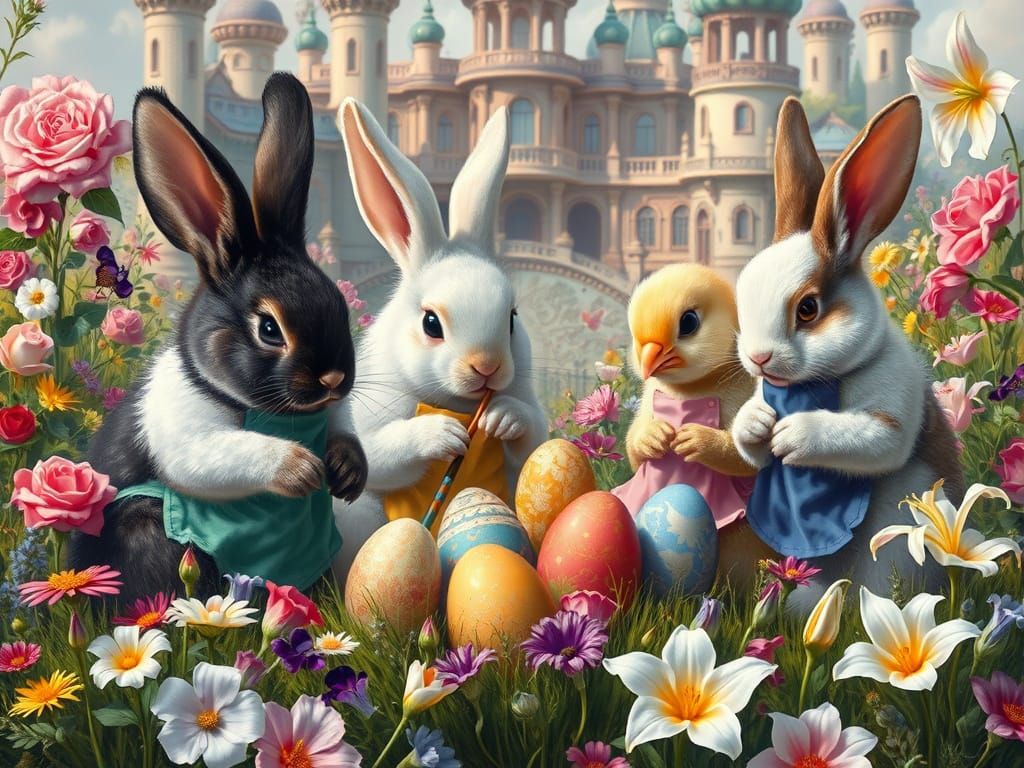 Bunnies and Chick Painting Easter Eggs in Renaissance Style