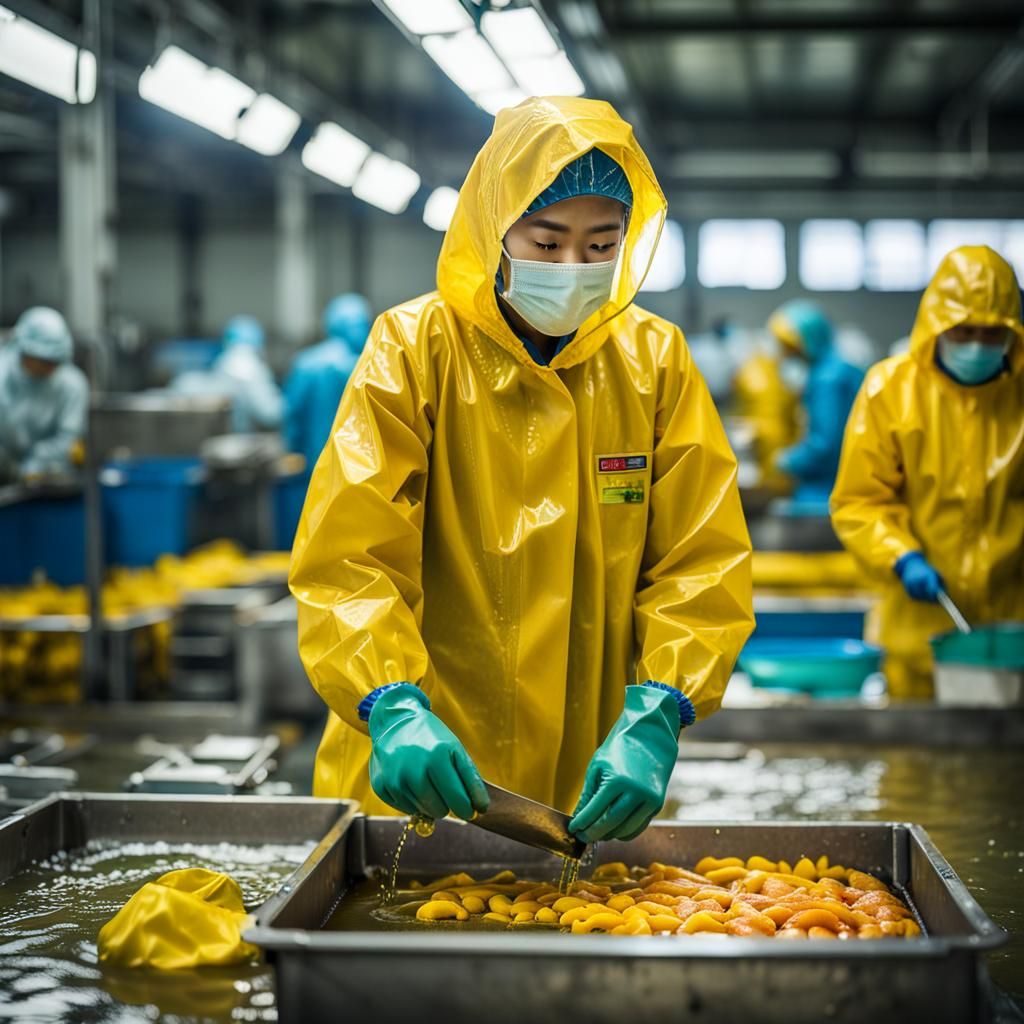 Salmon Factory Workers in Yellow Rainsuits: Professional Pho...