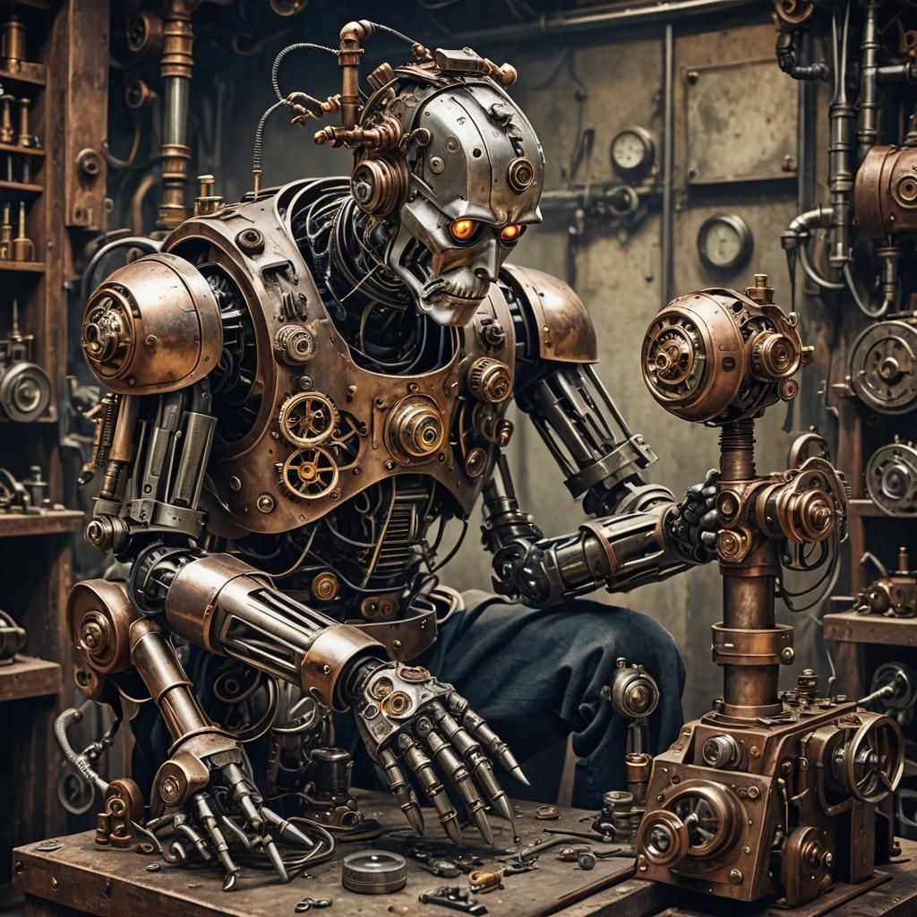 Steampunk Mechanical Man Repairs Robot
