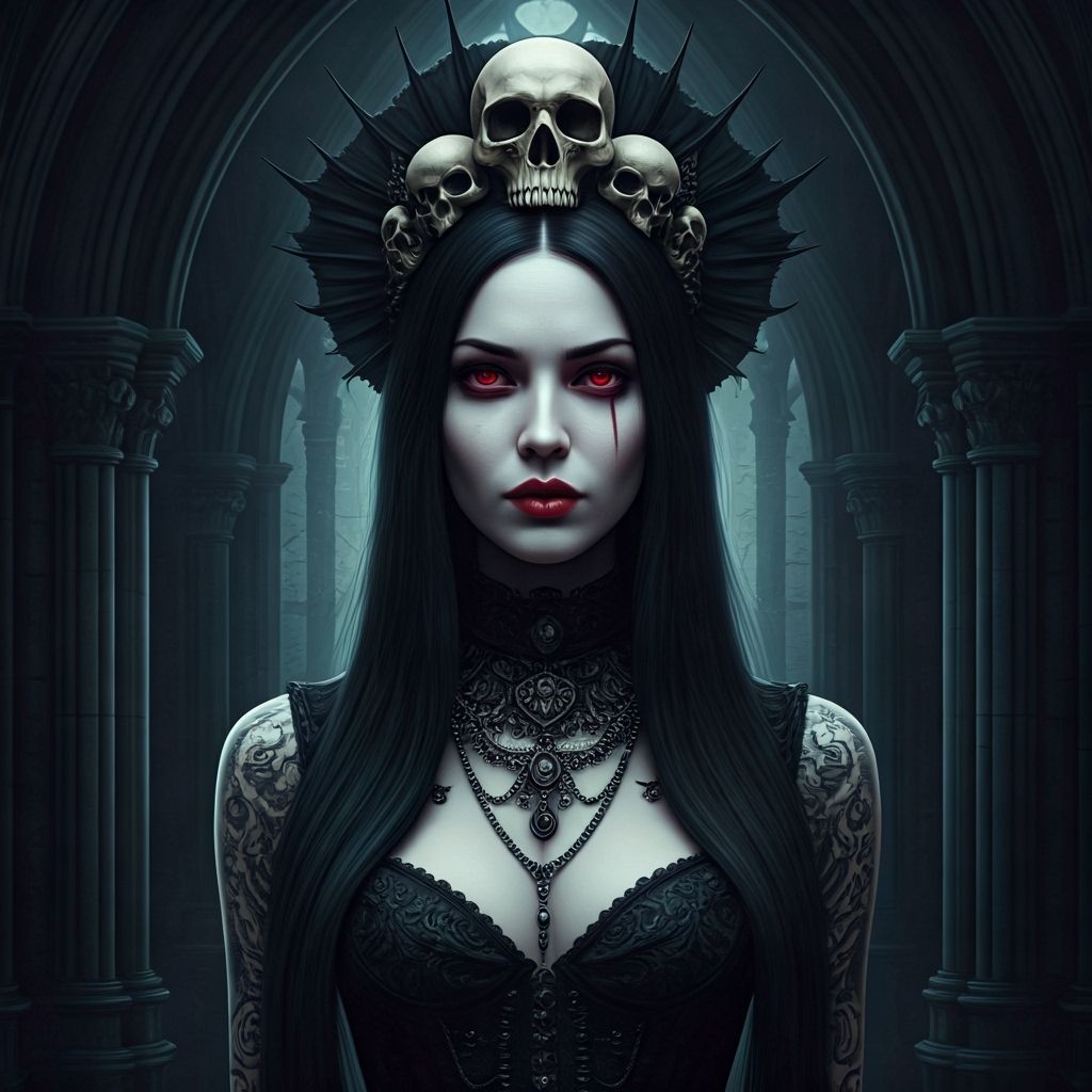 Gothic Vampire Woman with Skull Headdress in Shadowy Abyss