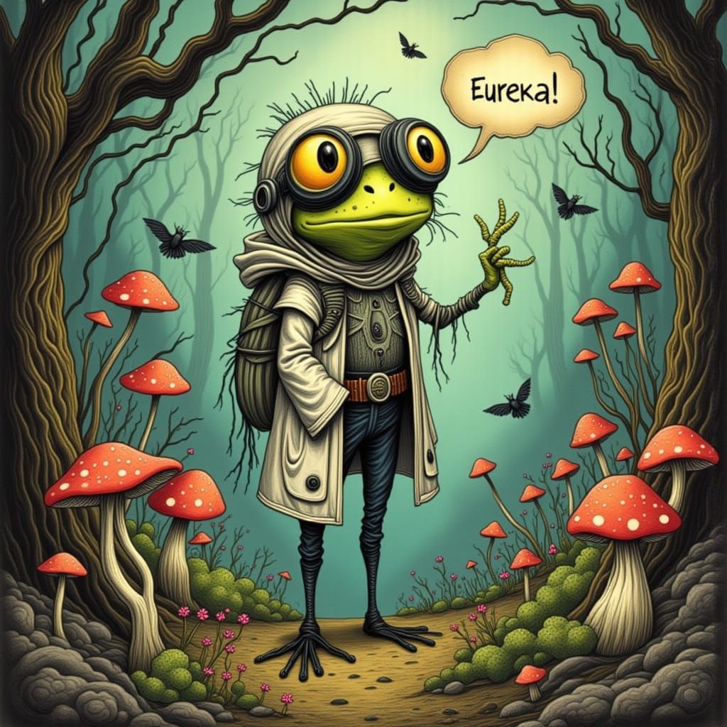 Tree Frog Scientist's Eureka Moment in Dreamlike Fantasy