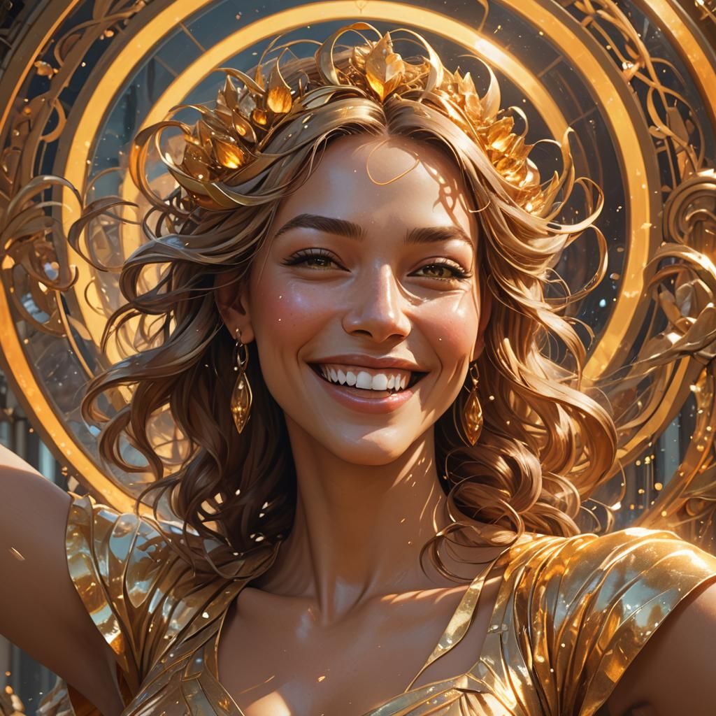 Golden Aura Portrait: Joyful Woman in Detailed Lighting