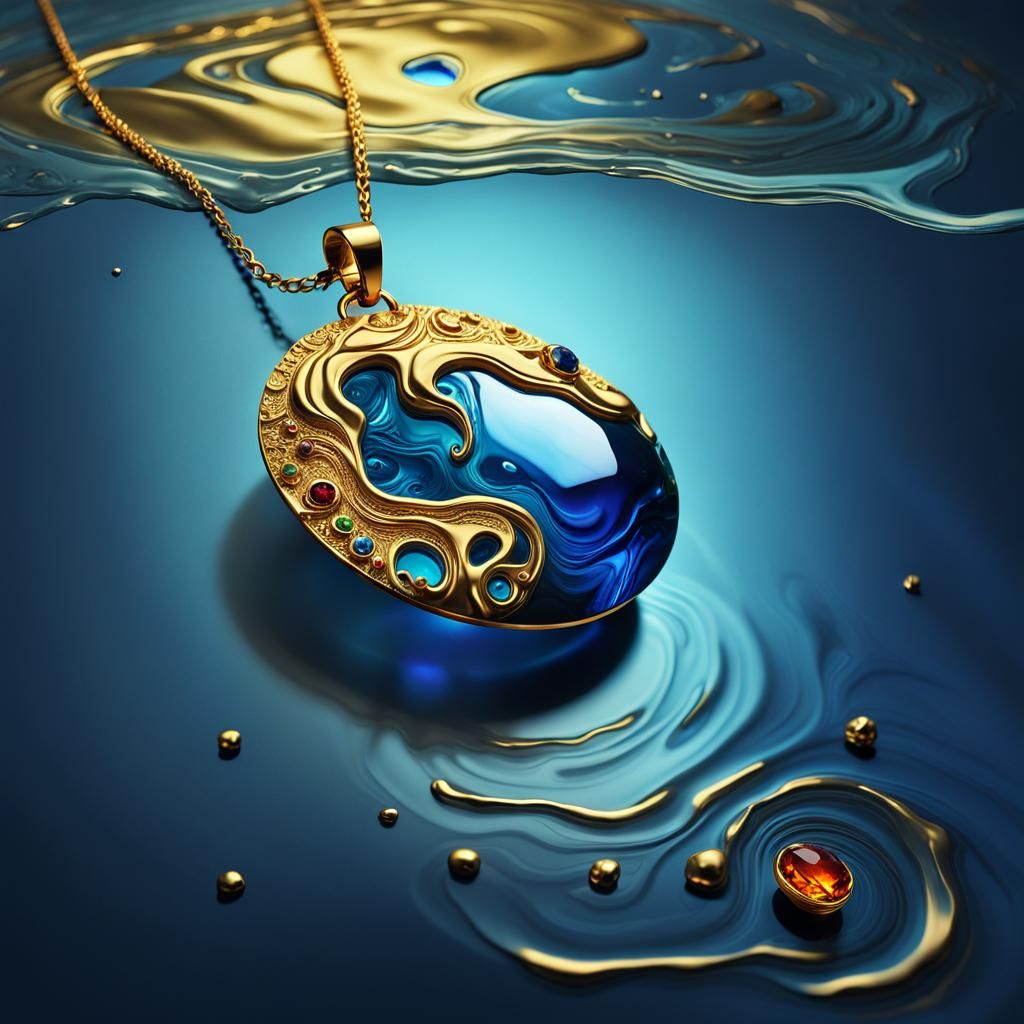 Surreal Gold Pendant Above Rippling Water