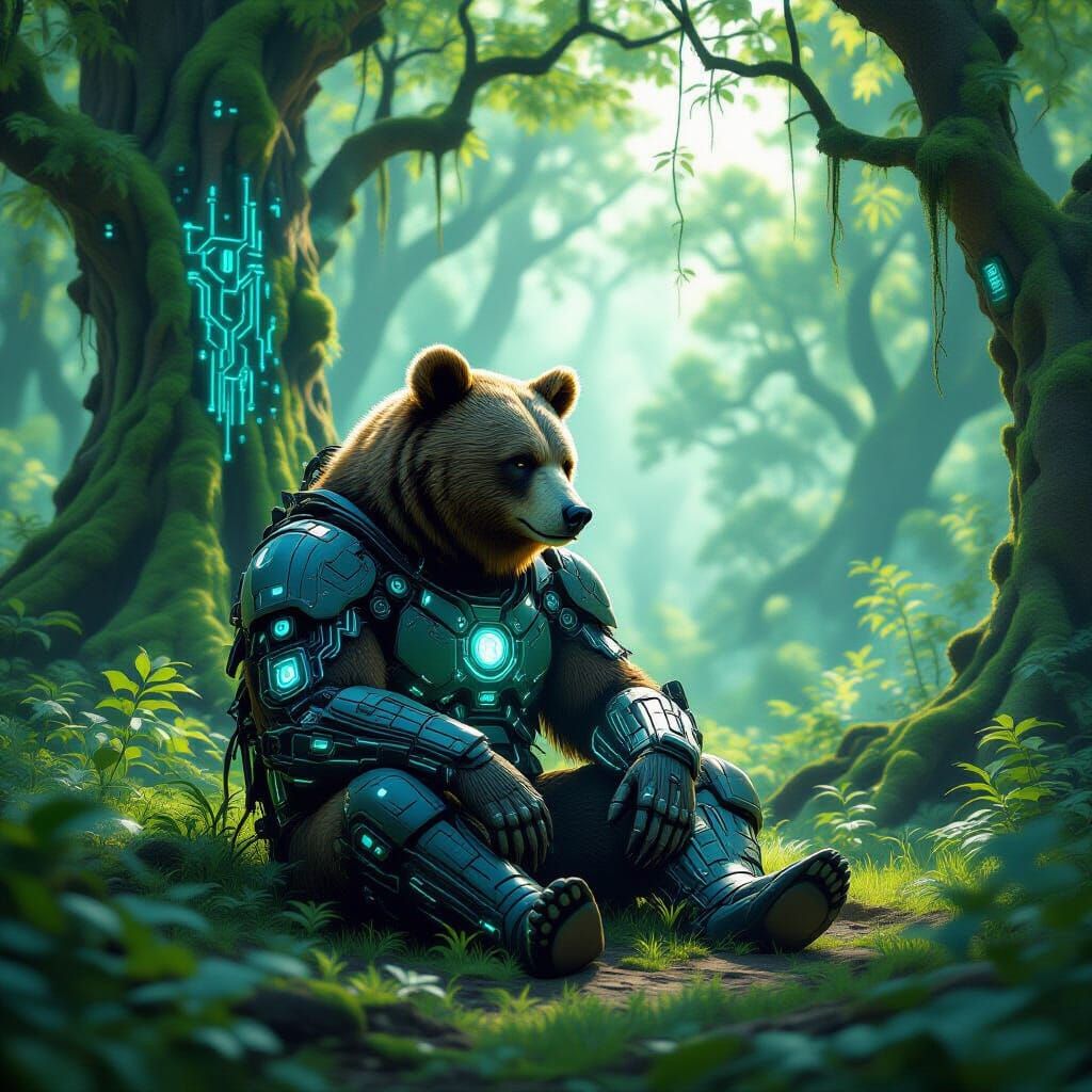 Cybernetic Bear in Bioluminescent Forest Concept Art