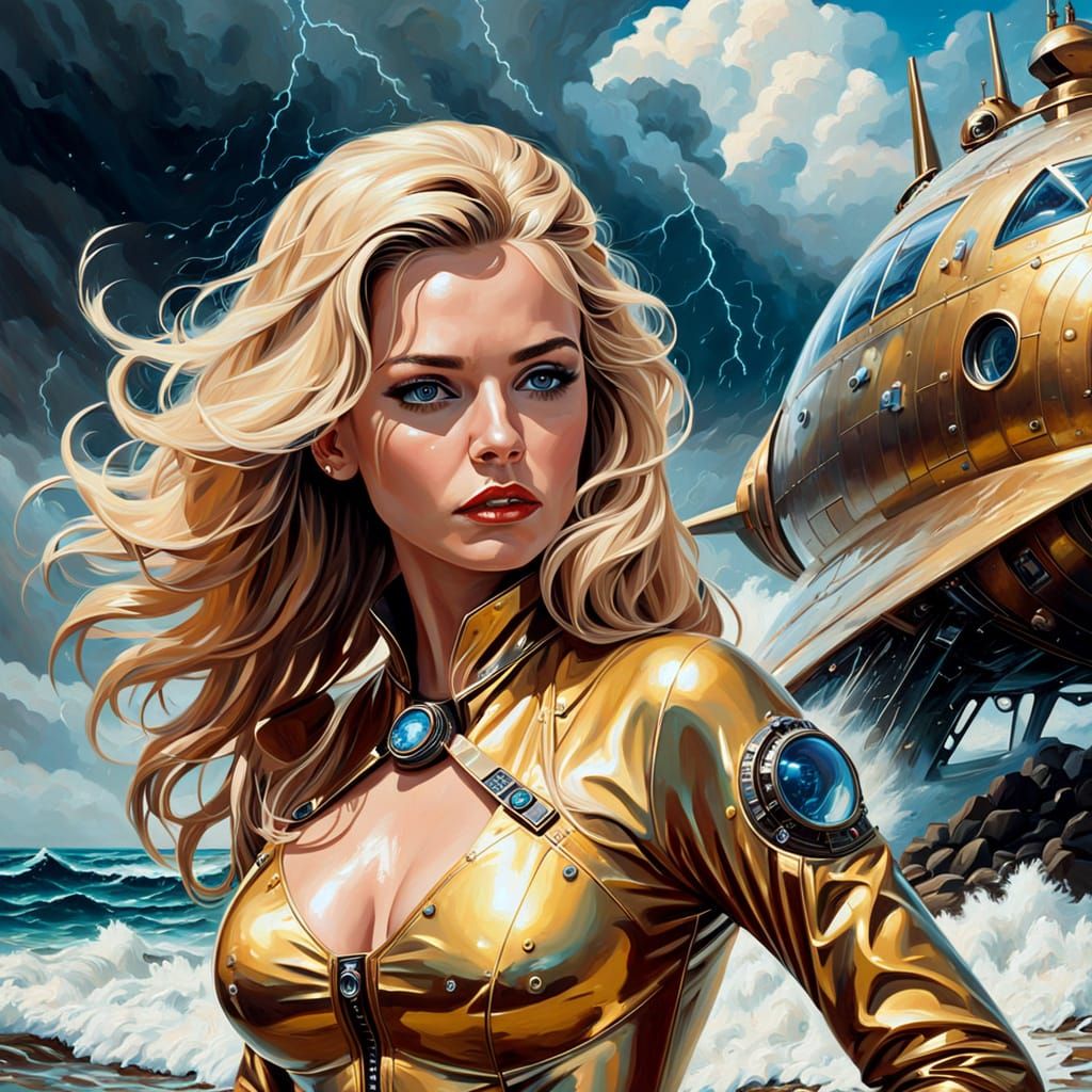 Retro Sci-Fi Woman Emerges from Sea, Oil Painting
